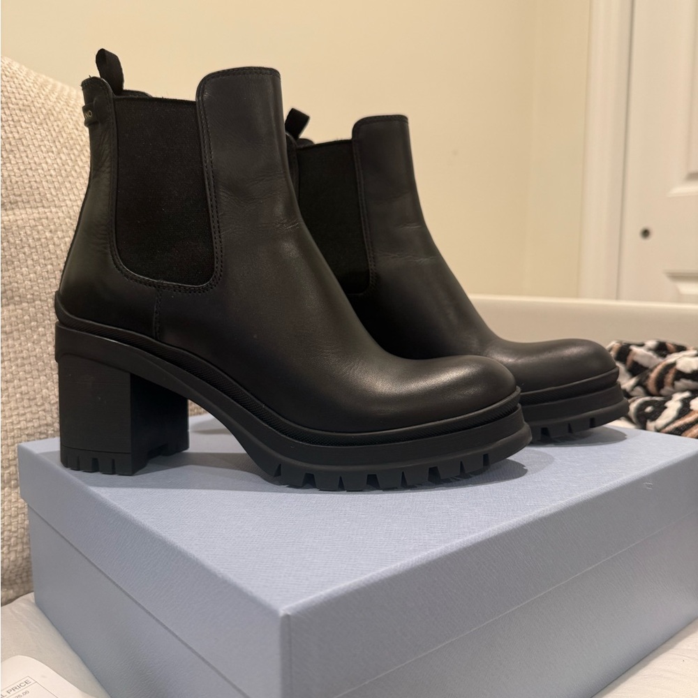 Prada Black Heeled Chelsea Boots- Lug Sole 55mm